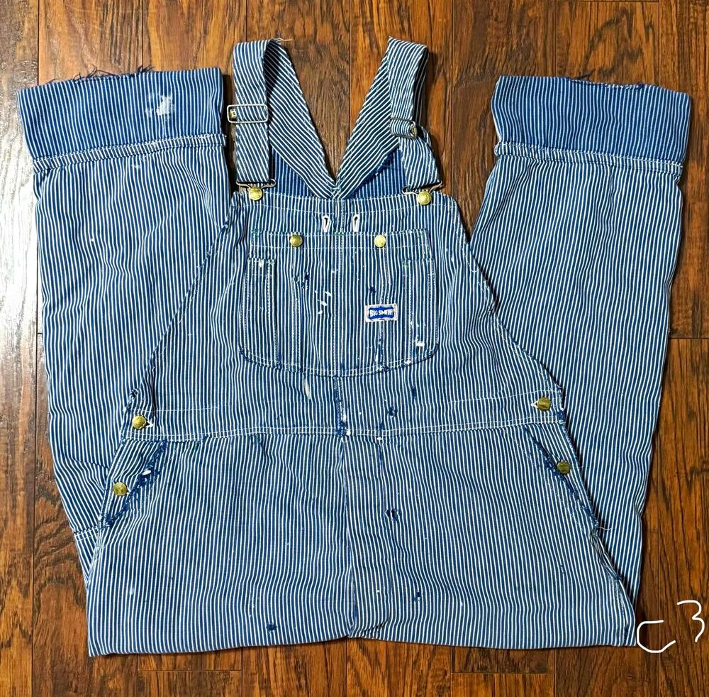 Vintage 60s Big Smith Hickory Stripe Bib Overalls 42x27 Patched Workwear USA